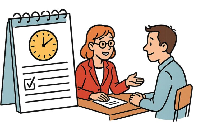 Auf dem Bild sind zwei Personen im Gespräch an einem Tisch dargestellt. Links im Vordergrund ist ein großer Kalender zu sehen.